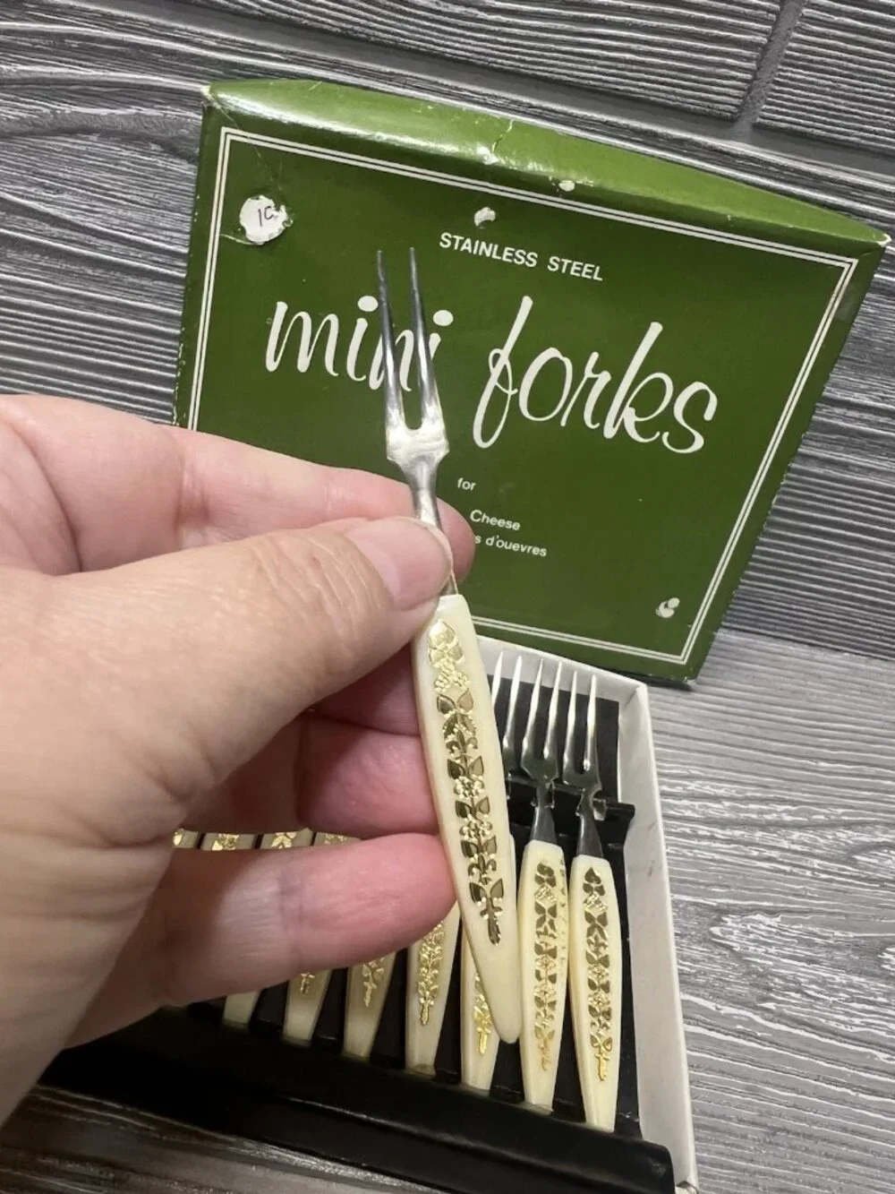 Vintage Set Little Forks 12 Stainless Steel Relish Hors D'oeuvres Japan in Box